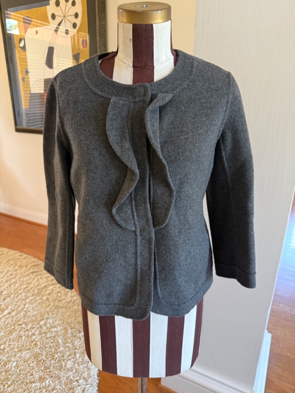 Talbots Womens Wool Blend Ruffled Blazer Gray Six 4P Cottagecore NWT